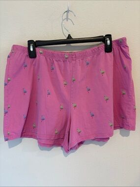Pink shorts with green and blue flamingos with elastic waistband.  🦩 100% Cotton